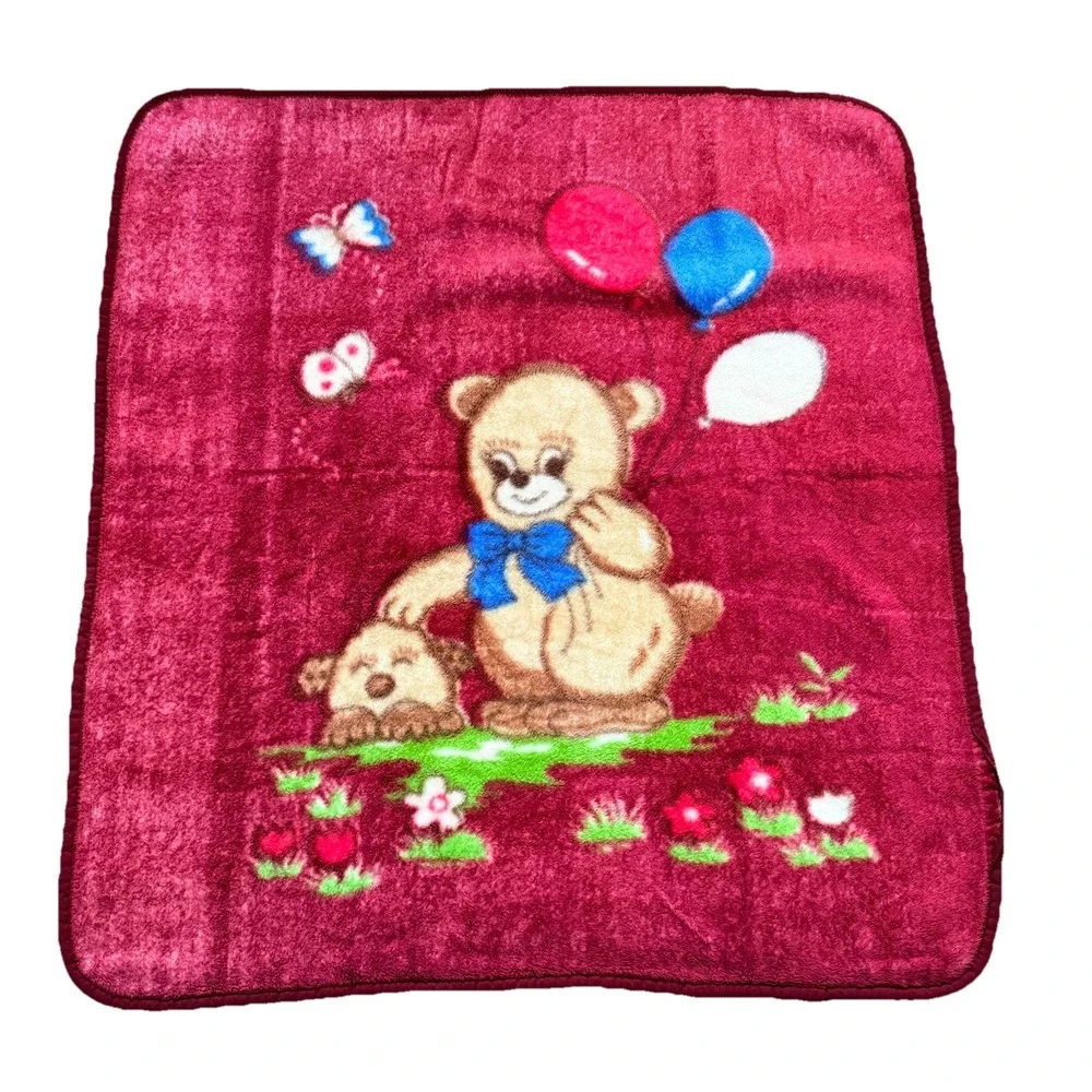 Vtg‎ Mink Baby Blanket Bear Puppy Balloons Butterfly Minky Security Red Blankie